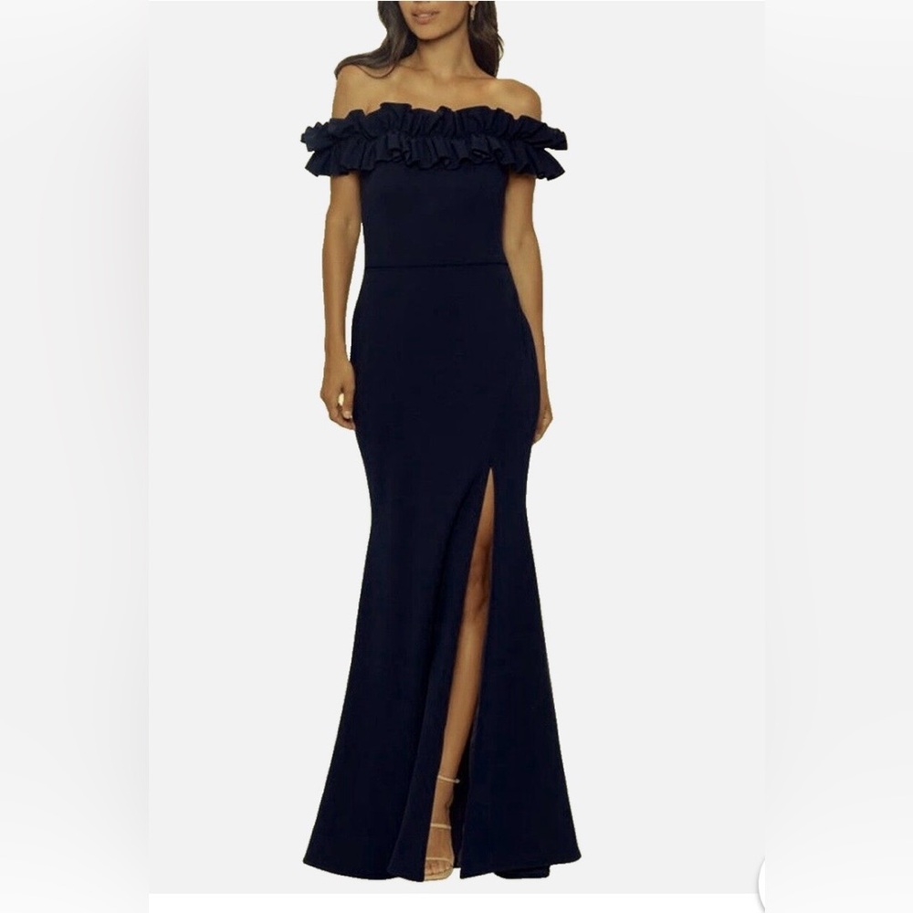 Xscape Navy Ruffle Off-Shoulder Gown size 8